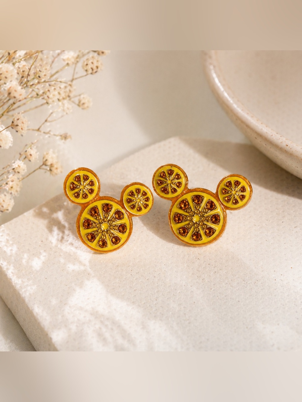 BaubleBar x Disney Citrus Mickey Earrings | Rhinestone Orange Slice Studs